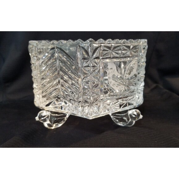 Hofbauer Byrdes Germany Hexagon Crystal Cut Glass Birds Footed Candy Dish No Lid - Picture 8 of 8